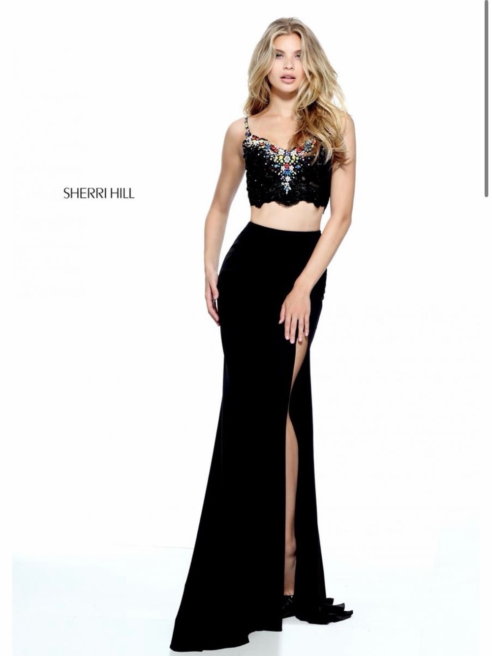 NWT $650 Sherri Hill Black Two-Piece Beaded Crop Top Evening Gown Dress 51191